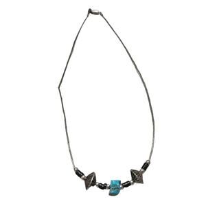 1970s Sterling Silver Liquid Beads Uncut Turquoise Black Stone Necklace